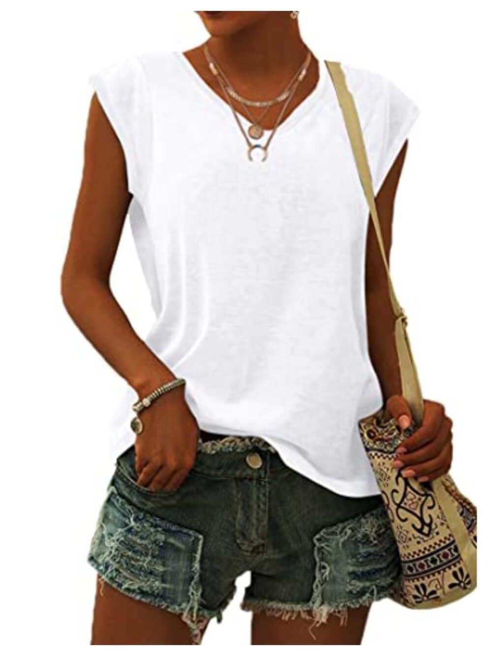 WNEEDU Women's Cap Sleeve V Neck Loose Fit Tank Top Summer Casual Shirt